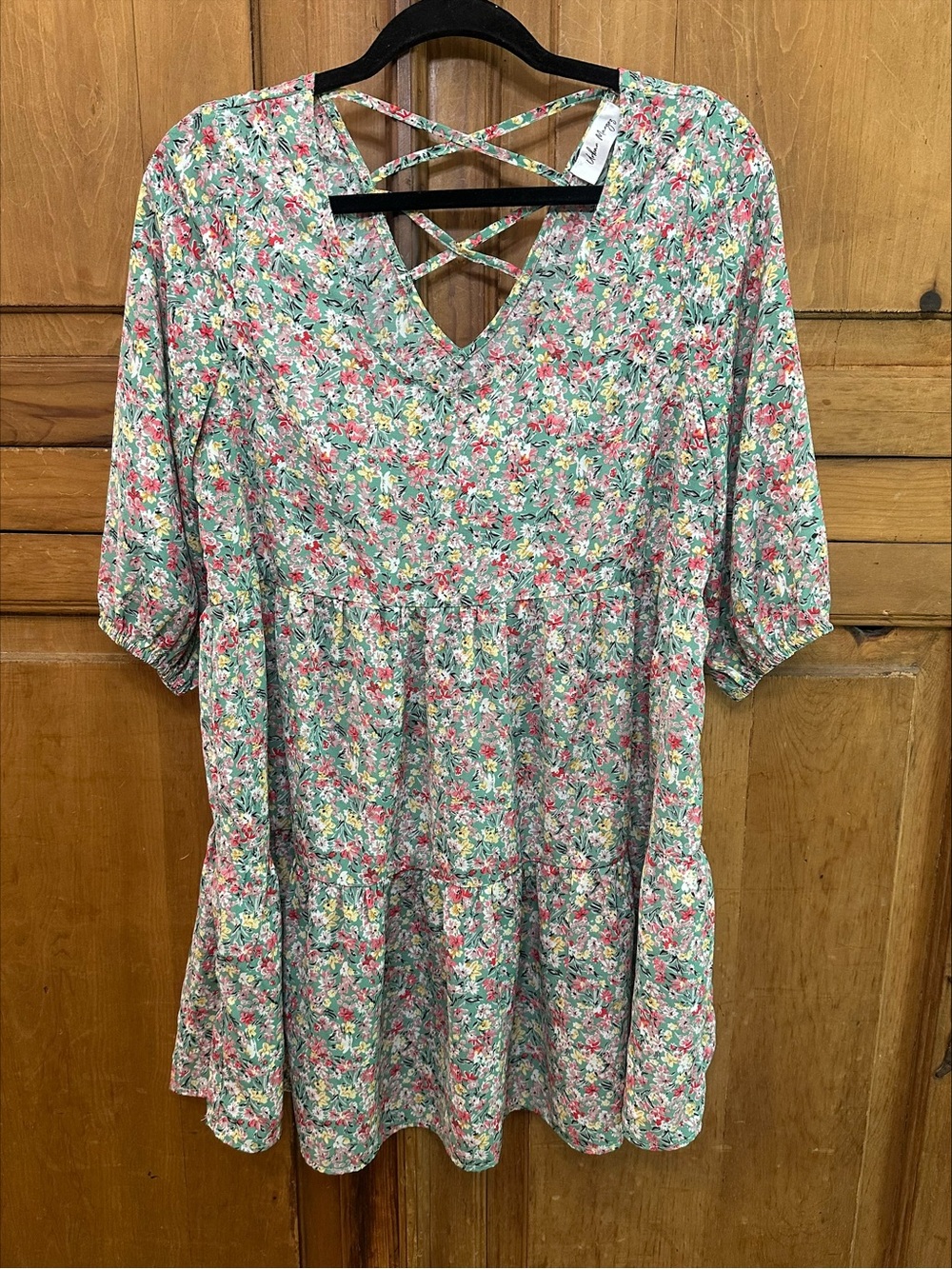 Floral Crisscross V-Neck Mini Dress in Mint and Pink